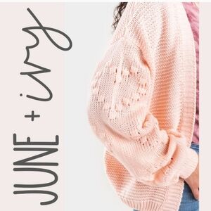 June & Ivy Chunky Knit Heart Print Cardigan Sweater Sz M
